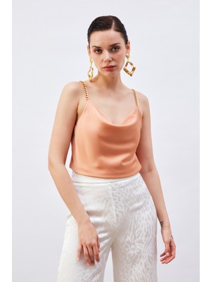 Sateen Zincir Askılı Saten Bluz - Somon
