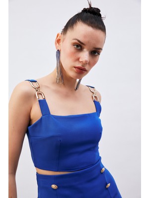 Sateen Omuz Aksesuarlı Crop Bluz - Sax Mavi