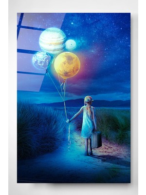 Hinora Balon Gezegenler Cam Tablo, Dekoratif Cam Tablo