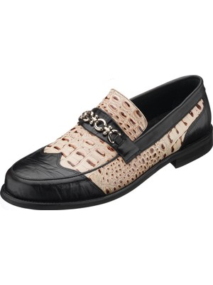 Costo Shoes TR1071 Vizon -Siyah Baskılı Deri Özel Seri El Işçiliği Rahat Şık Tasarım Premium Serisi