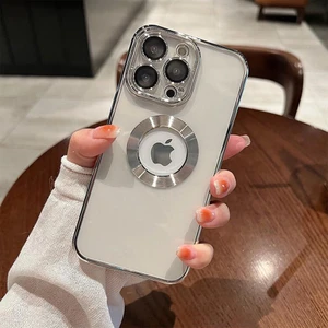 iPhone 14 Pro Kılıf 5d Kamera Lens Korumalı Logo Gösteren Kenarları Renkli Arkası Şeffaf Silikon