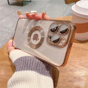 iPhone 13 Pro Max Kılıf 5d Kamera Lens Korumalı Logo Gösteren Kenarları Renkli Arkası Şeffaf Silikon