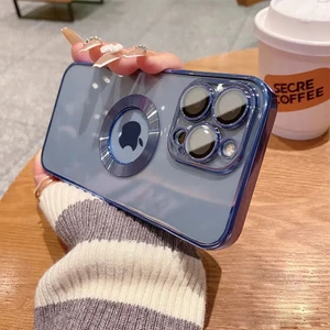 iPhone 12 Pro Max Kılıf 5d Kamera Lens Korumalı Logo Gösteren Kenarları Renkli Arkası Şeffaf Silikon