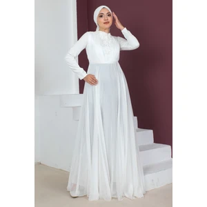 Plise Detaylı Boncuklu Tesettür Abiye Elbise 761-BEYAZ 44