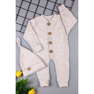 %100 Pamuk Ahşap Düğmeli Fitilli Tarz Şapkalı Bebek Tulum