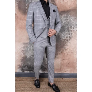 Paco Romano Erkek Slim Fit Mono Yaka Açık Gri Ekose Yelekli Kombin 8 Drop Takım Elbise