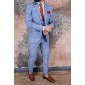 Paco Romano Erkek Slim Fit Mono Yaka Açık Mavi Ekose Yelekli Kombin 8 Drop Takım Elbise