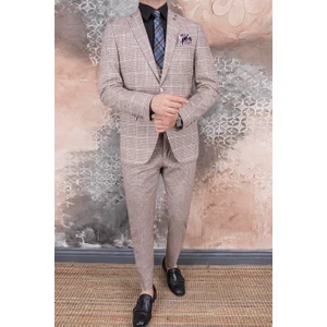 Paco Romano Erkek Slim Fit Mono Yaka Açık Kahverengi Ekose Yelekli Kombin 8 Drop Takım Elbise