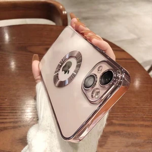 iPhone 14 Kılıf 5d Kamera Lens Korumalı Plating Logo Gösteren Kenarları Renkli Arkası Şeffaf Silikon