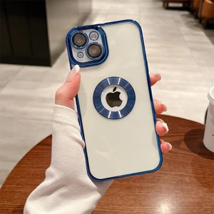 iPhone 14 Kılıf 5d Kamera Lens Korumalı Plating Logo Gösteren Kenarları Renkli Arkası Şeffaf Silikon