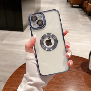 iPhone 14 Kılıf 5d Kamera Lens Korumalı Plating Logo Gösteren Kenarları Renkli Arkası Şeffaf Silikon