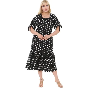 Butik Siyah Puanlı Bağlamalı Kısa Kollu Kadın Midi Elbise