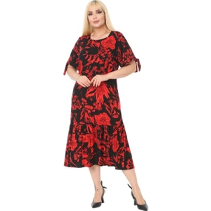 Butik Kırmızı Palmiye Desen Bağlamalı Kısa Kollu Kadın Midi Elbise