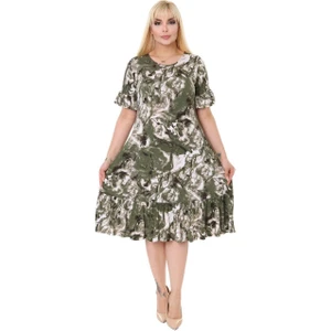 Butik Yeşil Batik Desen Fırfırlı Kısa Kollu Kadın Midi Elbise