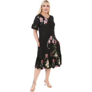 Butik Siyah Pembe Çiçekli Fırfır Detaylı Kısa Kollu Midi Elbise