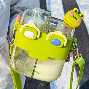 Pipetler ile Çocuk Şişesi Sevimli Ket Sütü Yaz Taşınabilir Çift Içecek Karikatür Karikatür Spor Taşınabilir Şişe-Yeşil Trompet 530ML (Yurt Dışından)