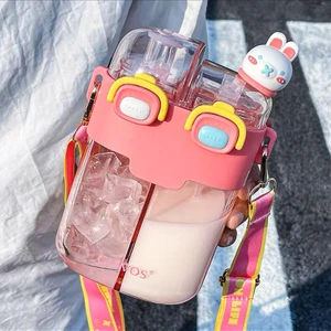 Pipetler ile Çocuk Şişesi Sevimli Ket Sütü Yaz Taşınabilir Çift Içecek Karikatür Karikatür Spor Taşınabilir Şişe-Pembe Büyük 780ML (Yurt Dışından)