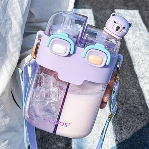 Pipetler ile Çocuk Şişesi Sevimli Ket Sütü Yaz Taşınabilir Çift Içecek Karikatür Karikatür Spor Taşınabilir Şişe-Mor Büyük 780ML (Yurt Dışından)