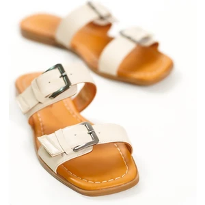 Hakiki Deri 2027-BJ Çift Bantlı Kadın Bej Sandalet & Terlik