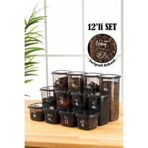 Serigrafi Etiketli Peggy Kare Erzak Saklama Kabı 12'li Set 4x(0,55 Litre, 1,2 Litre, 1,75 Litre) Antrasit