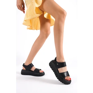 735-S Kalın Tırtık Tabanlı Siyah Gladyatör Platform  Sandalet