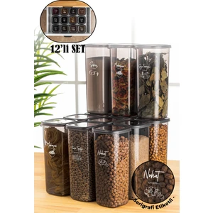 Serigrafi Etiketli Peggy Kare Erzak Saklama Kabı 12'li Set Büyük Boy 1,75 Litre Antrasit
