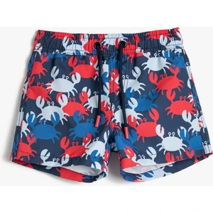 Deniz Şortu Beli Bağlamalı Yengeç Baskılı File Astarlı