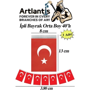 Ipli Bayrak Orta Boy 40'lı 8X13CM 3 Paket Türk Bayrağı Kağıt Ipli Sıralı Ayyıldız Bayrak Sınıf Süsü Okul Bayram