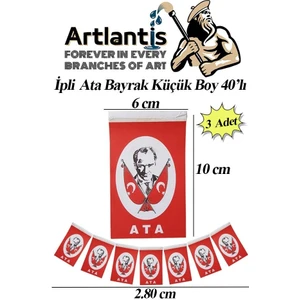 Ipli Ata Bayrak Küçük Boy 40'lı 6X10CM 3 Paket Atalı Bayrak Kağıt Ipli Sıralı Ayyıldız Bayrak Sınıf Süsü Okul Bayram