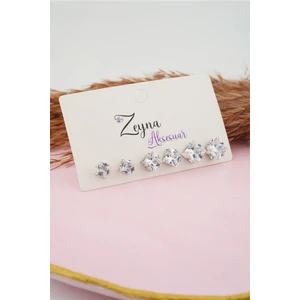 By Zeyna Aksesuar Kadın 3 Boy 6'lı Kare Zirkon Taşlı Küpe Set