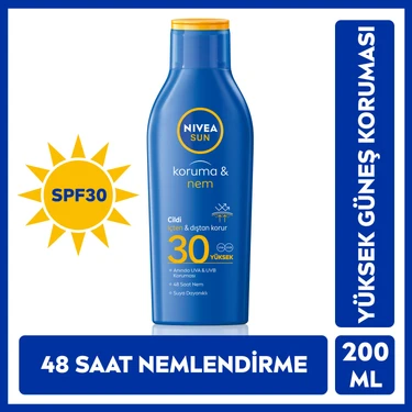 Nivea Sun SPF30 Güneş Koruyucu Losyon 200 ml Tüm Cilt Tipleri İçin 48 Saat