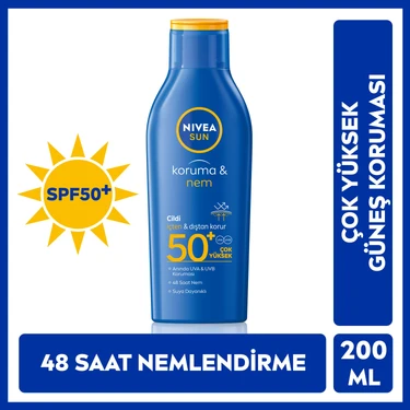 NIVEA Sun SPF50+ Güneş Koruyucu & 48 Nemlendirici Güneş Losyonu 200 ml,Çok Yüksek Güneş