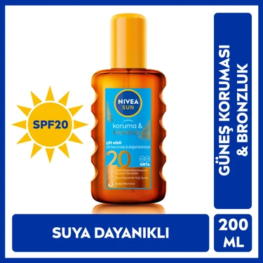 NIVEA Sun SPF20 Koruma & Bronzluk Güneş Yağı 200 ml Sprey,Anında UVA/UVB