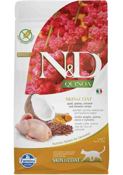 Quinoa Skin Coat Tahılsız Tüy Bakım Bıldırcın Yetişkin Kedi Maması 1,5 kg