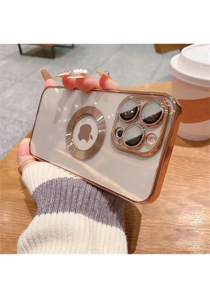 iPhone 14 Pro Max Kılıf 5d Kamera Lens Korumalı Logo Gösteren Kenarları Renkli Arkası Şeffaf Silikon