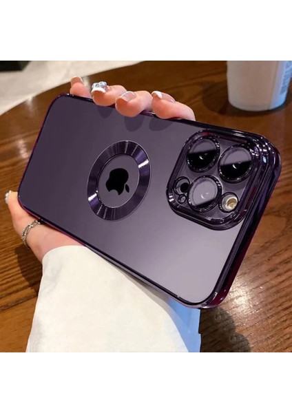 iPhone 14 Pro Kılıf 5d Kamera Lens Korumalı Logo Gösteren Kenarları Renkli Arkası Şeffaf Silikon