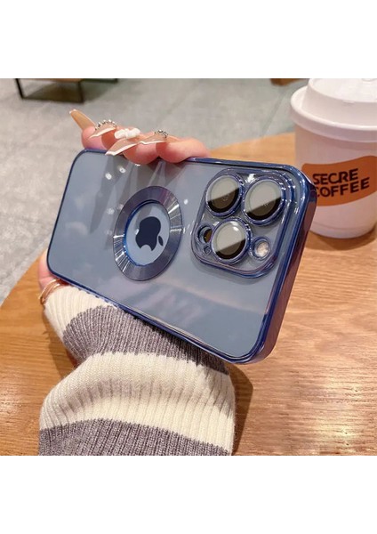 iPhone 14 Pro Kılıf 5d Kamera Lens Korumalı Logo Gösteren Kenarları Renkli Arkası Şeffaf Silikon
