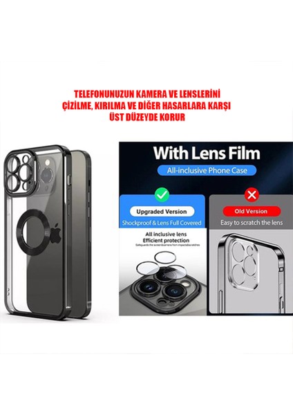 iPhone 13 Pro Max Kılıf 5d Kamera Lens Korumalı Logo Gösteren Kenarları Renkli Arkası Şeffaf Silikon