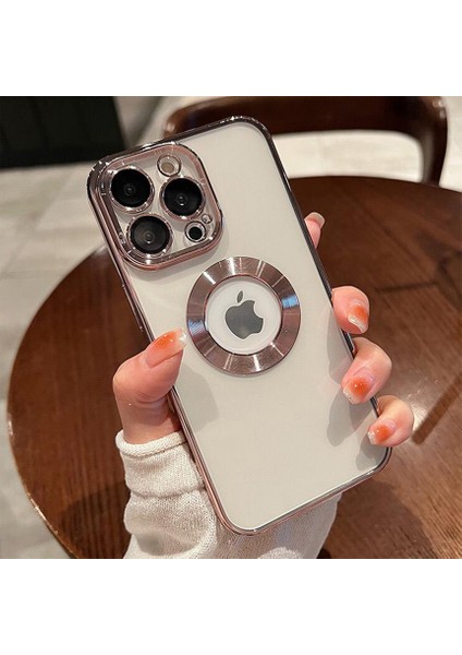 iPhone 13 Pro Kılıf 5d Kamera Lens Korumalı Plating Logo Gösteren Kenarları Renkli Arkası Şeffaf Silikon F