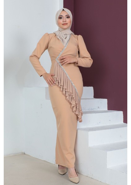 Kruvaze Yaka Tesettür Kalem Elbise 768-CAMEL 38