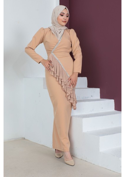 Kruvaze Yaka Tesettür Kalem Elbise 768-CAMEL 38 fiyatları