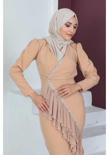 Kruvaze Yaka Tesettür Kalem Elbise 768-CAMEL 38 modelleri