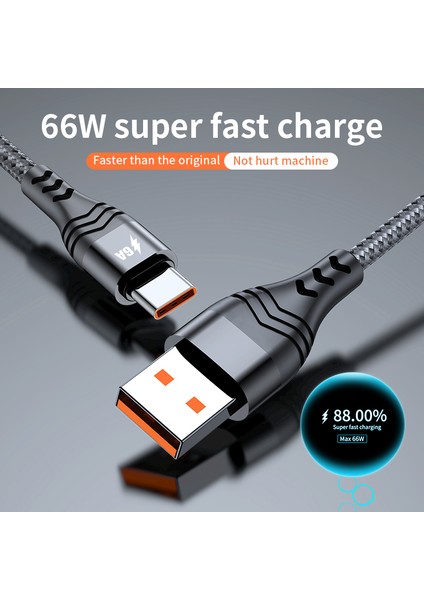 Huawei Samsung Için 2m USB To Type-C 6A Yüksek Mevcut 66W Hızlı Şarj Kablosu Örgülü Veri Kablosu (Yurt Dışından)