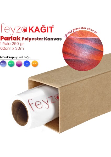 Feyza Kağıt® Polyester Glossy (Parlak) Kanvas 260 gr Dye  Tuval Iç Mekan 62CM x 30 mt (1 Rulo)