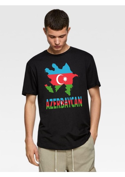 Azerbaycan Tişörtü, Pamuklu Unisex Tişört. "azerbaycan" Yazılı Azerbaycan Bayraklı Yumuşak Tişört