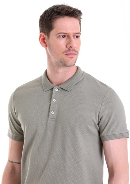 Haki Petek Desenli Regular Fit 100% Pamuk Polo Yaka Tişört