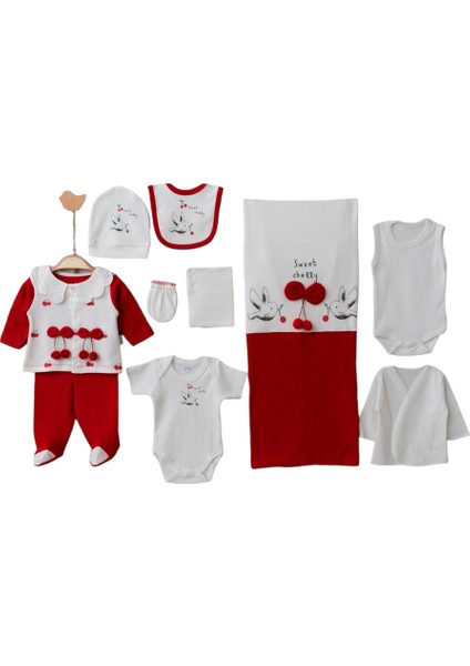 Fiyonklu Kiraz Desenli, Kırmızı Renk, Yenidoğan Kız Bebek Zıbını, 10'lu Hastane Çıkış Zıbın Seti Organik Pamuk (0-3 Ay) (564)