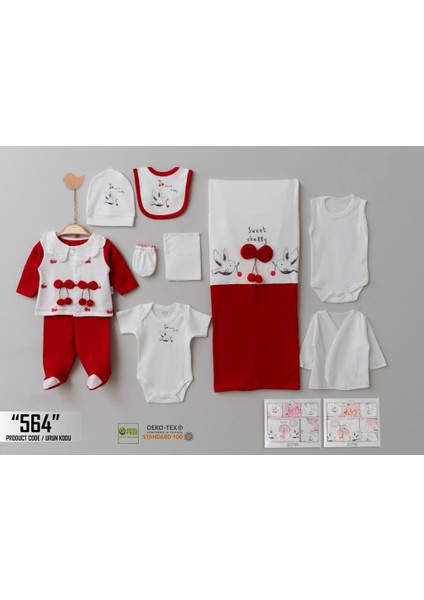 Fiyonklu Kiraz Desenli, Kırmızı Renk, Yenidoğan Kız Bebek Zıbını, 10'lu Hastane Çıkış Zıbın Seti Organik Pamuk (0-3 Ay) (564) fiyatları