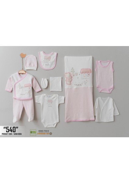 Sevimli Ev ve Ayıcık Desenli, Pembe Renk, Yenidoğan Kız Bebek Zıbını, 10'lu Hastane Çıkış Zıbın Seti Organik Pamuk (0-3 Ay) (540) fiyatları