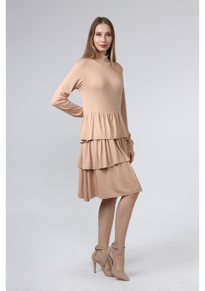 Fancy Kadın Balıkçı Yaka Uzun Kollu Büzgülü Fermuar Detaylı Eteği Kat Kat Viskon Elbise